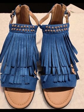 Comfortview Blue Fringe Studded Ankle-Strap Sandals